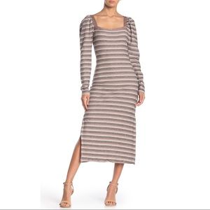 Nordstrom BEAUTIFULLY Stripe Knit BOHO Puff Sleeve Metallic midi taupe Dress